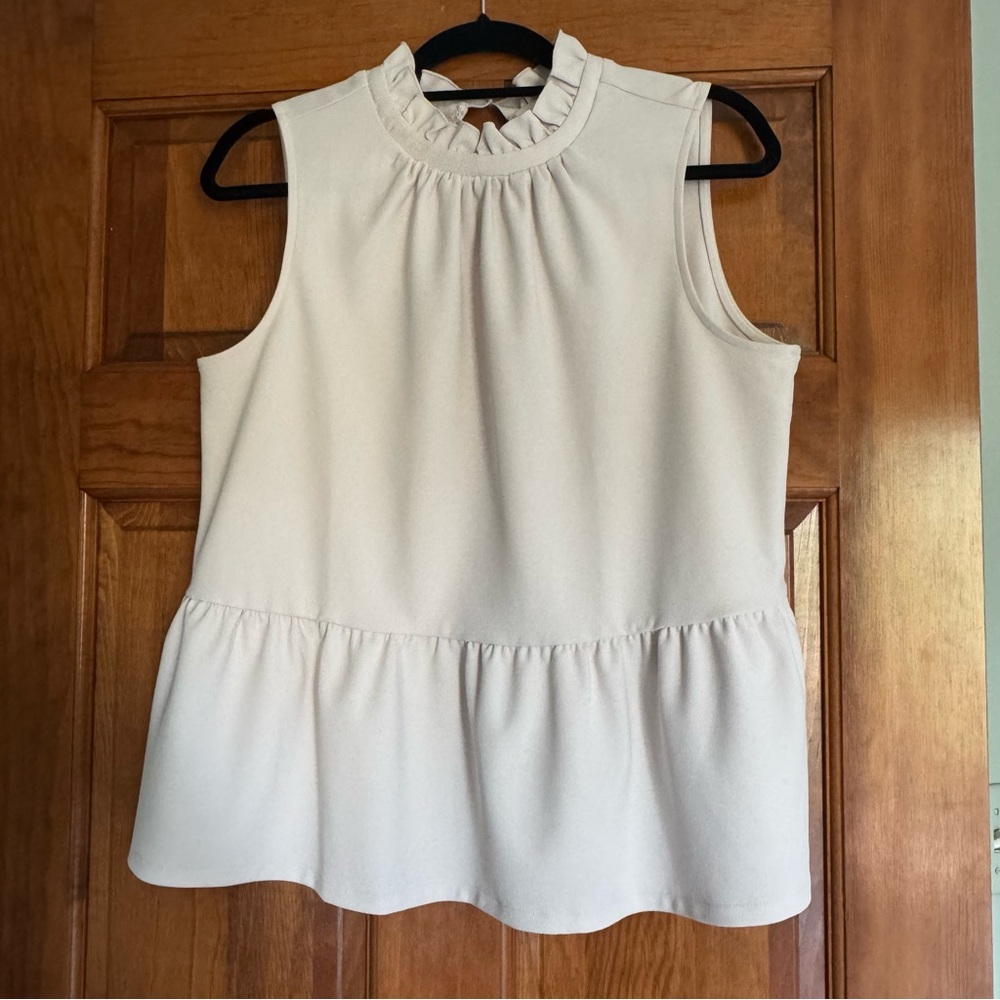 Ann Taylor Cream Ruffled-Neck Sleeveless Peplum Top